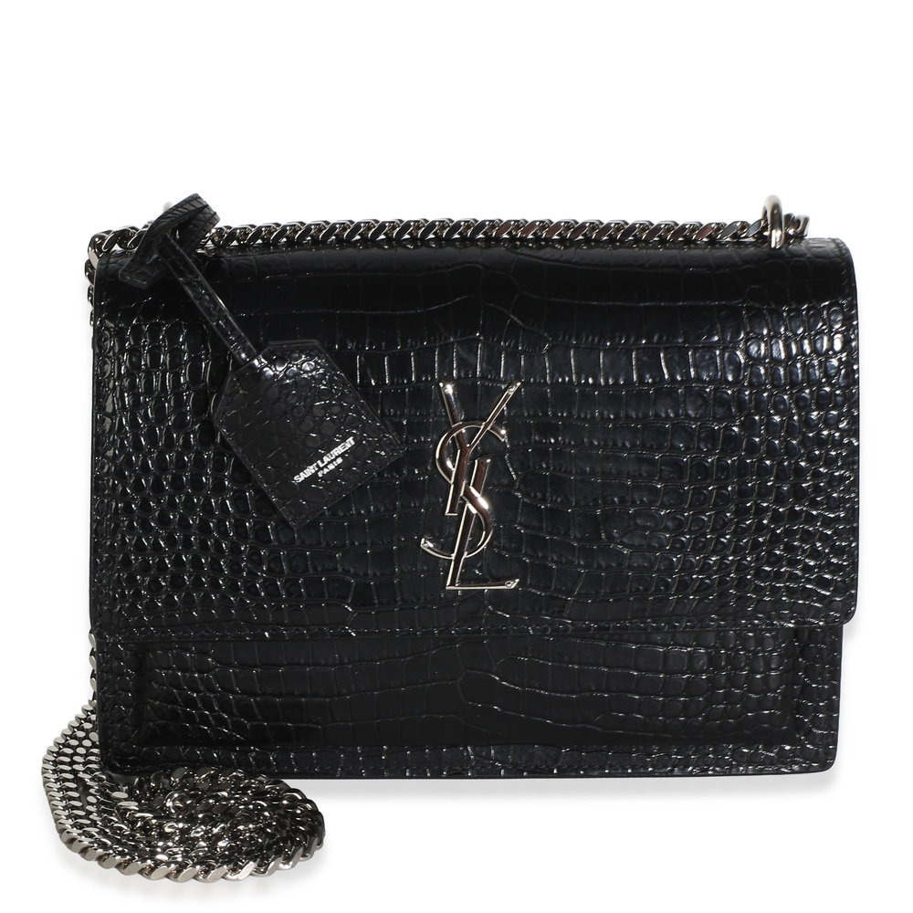 Saint Laurent Black Croc Embossed Calfskin Medium Monogram Sunset Bag